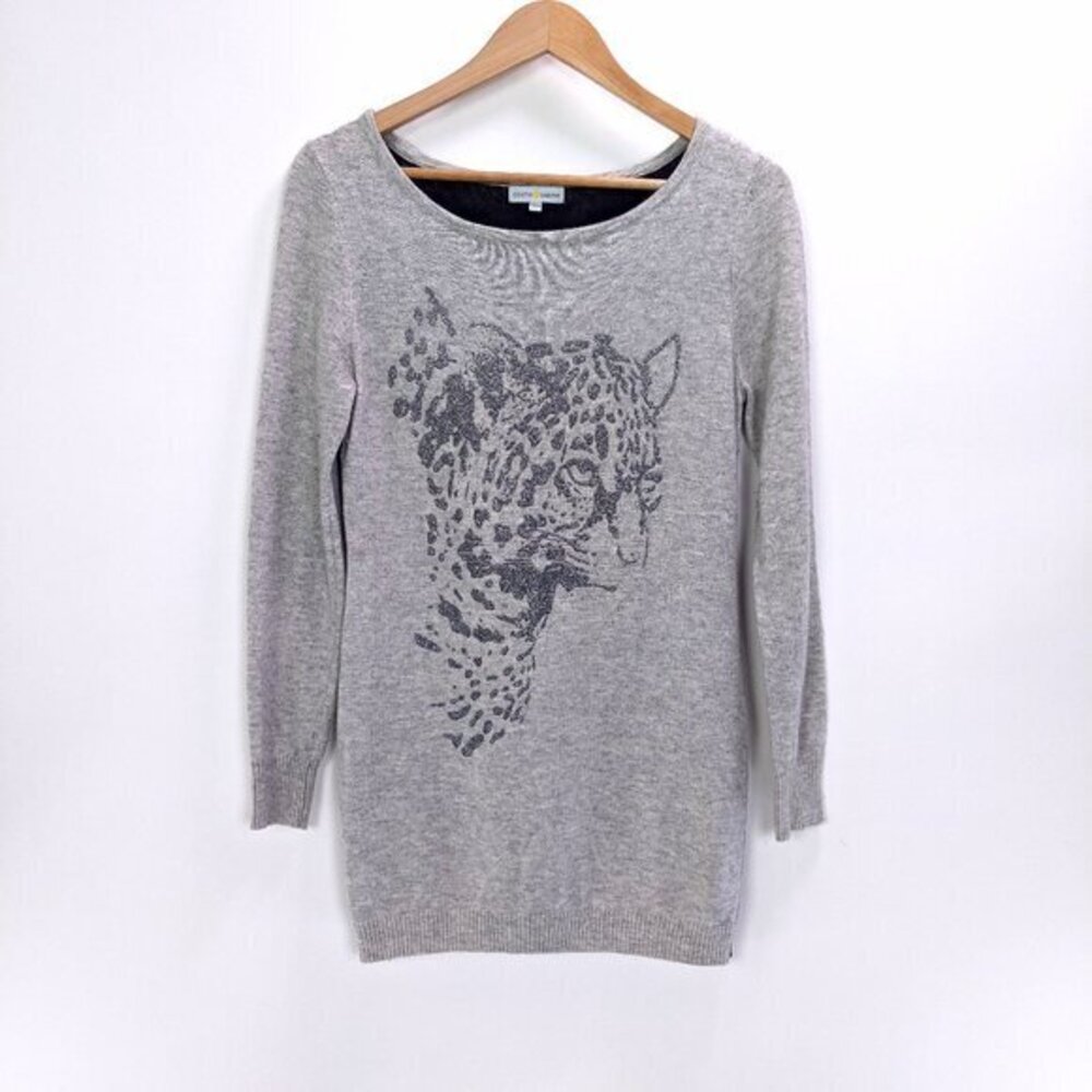 Cache Size S Shimmery Silver Leopard Graphic Print Knitted Sweater Gray Black